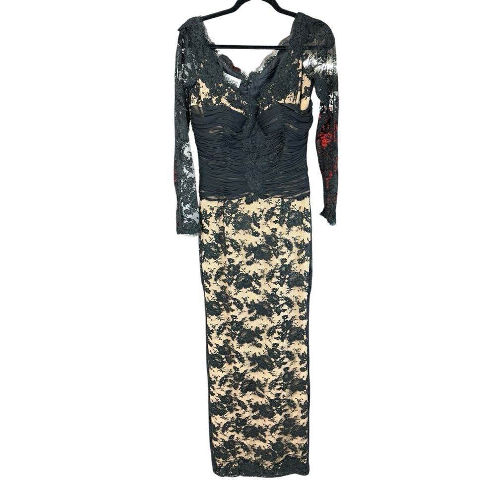 Vintage Albert Nipon Black Lace Maxi Dress Long Sleeve Ruched Gown Elegant sz M